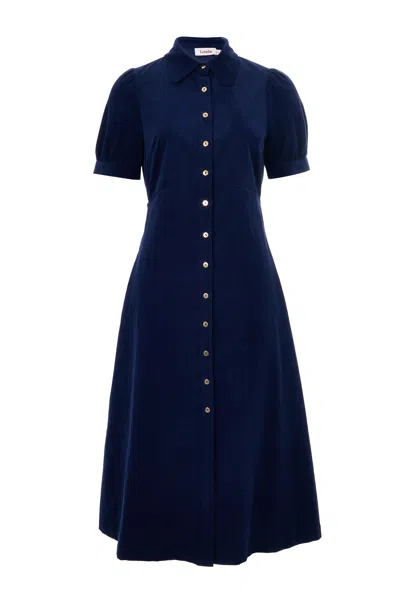 Louche Women's Blue Wanda Lightweight Baby Cord Puff Sleeve Midi Dress - Navy
