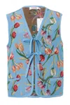 Louche Women's Claude Tulip Jacquard Tie Front Waistcoat - Blue In Blue