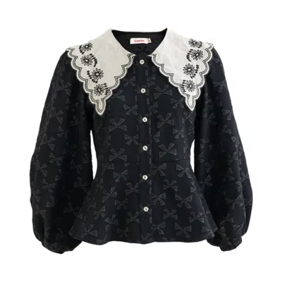 Louche Women's Clementine Black Bow Jacquard Lace Collar Long Sleeve Blouse