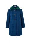LOUCHE WOMEN'S DRYDEN WYOMING CHECK FAUX FUR COLLAR COAT - BLUE