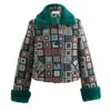 Louche Women's Green Kent Seventies Patch Jacquard Fur Trim Cropped Jacket In Green