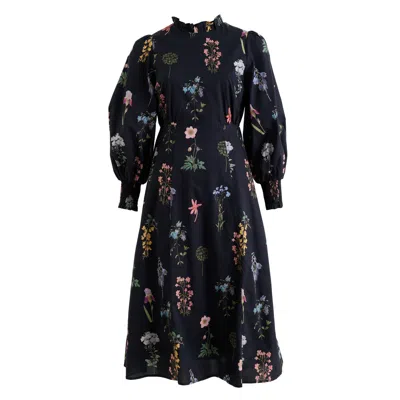 Louche Women's Jessie Flower Press Print Frill Neck Midi Dress In Blue