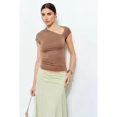Loucia Petra Short Sleeve Asymmetrical Draped Top In Brown