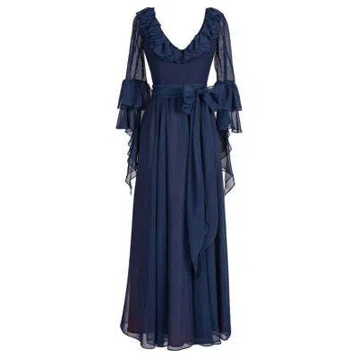 Pre-owned Louis Fèraud 1970s Louis Feraud Attributed Blue Ruby Lined Pleated Ruffled Chiffon Dress