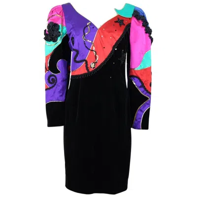 Pre-owned Louis Fèraud 1980s Louis Féraud Black Velvet & Satin Sequin Beads Embellished Cocktail Dress