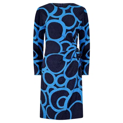 Pre-owned Louis Fèraud 1980s Louis Feraud Navy And Turqouise Jacquard Silk Dress In Blue
