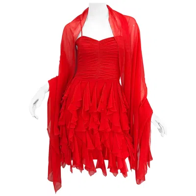 Pre-owned Louis Fèraud 1980s Louis Feraud Size 4 Lipstick Red Silk Chiffon 80s Vintage Dress + Shawl