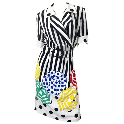 Pre-owned Louis Fèraud Louis Feraud 1980s Size 10 Novelty Umbrella Print Short Sleeve Vintage Dress 80s In Sand