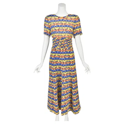 Pre-owned Louis Fèraud Louis Feraud C. 1990s Colorful Striped Silk Crepe Chiffon Midi Dress Sz 10 Nwot In Beige