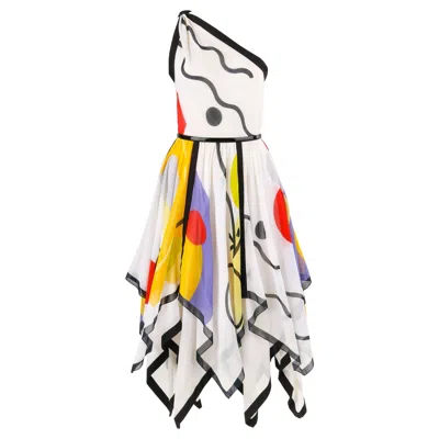 Pre-owned Louis Fèraud Louis Feraud C.1990's White Geometric Print One Shoulder Handkerchief Hem Dress