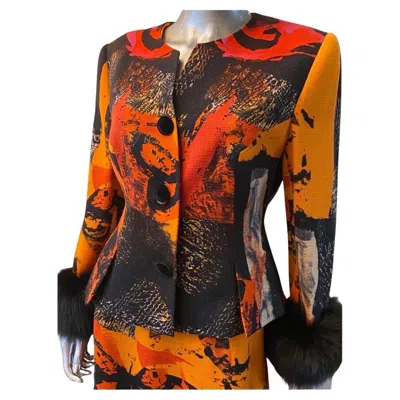 Pre-owned Louis Fèraud Louis Féraud Germany Metallic Abstract Print 2 Pc Suit Fox Fur Cuffs Size 10 In Black