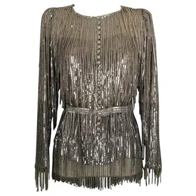 Pre-owned Louis Fèraud Louis Féraud Haute Couture Top In Sequins And Pearl Bangs In Gray