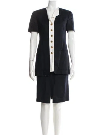 Pre-owned Louis Fèraud Linen Colorblock Pattern Skirt Set In Blue