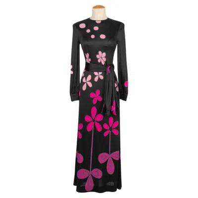 Pre-owned Louis Fèraud Louis Feraud Long Black Dress With Pink Flowers