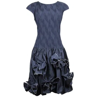 Pre-owned Louis Fèraud Louis Féraud Navy Silk Cocktail Dress With Bubble Skirt And Bow Detailing, 1980s In Blue