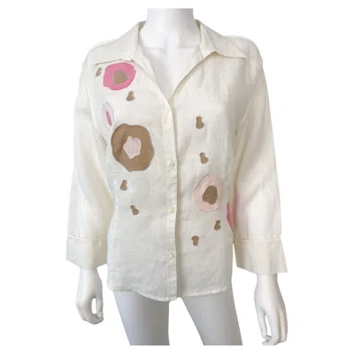 Pre-owned Louis Fèraud Louis Feraud Paris Linen And Cotton Blouse Top With Embroidery Size 10/12 In Gray