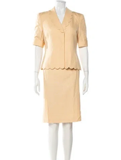 Pre-owned Louis Fèraud Silk Scalloped Accent Skirt Suit In Yellow