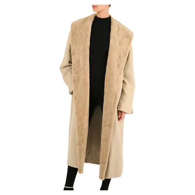 Pre-owned Louis Fèraud Louis Féraud Vintage Beige Fur Oversized Cashmere Wool Angora Long Maxi Coat In Brown