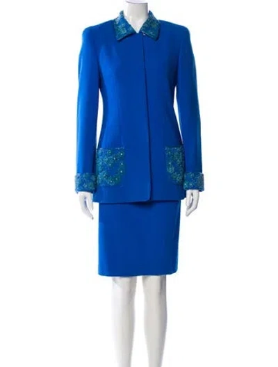 Pre-owned Louis Fèraud Virgin Wool Beaded Accents Skirt Suit In Blue