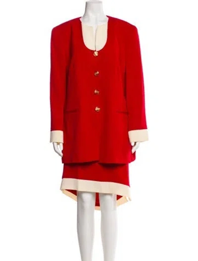 Pre-owned Louis Fèraud Virgin Wool Colorblock Pattern Skirt Set In Red