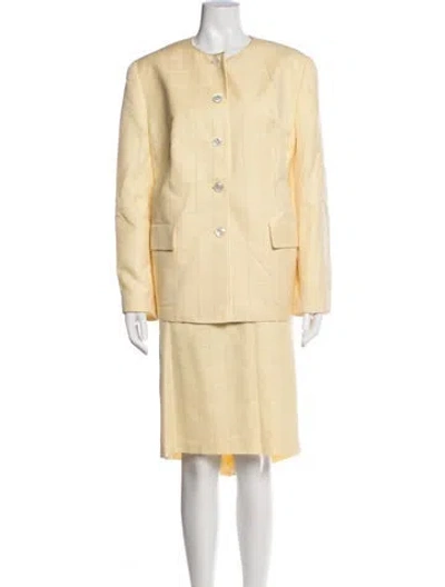 Pre-owned Louis Fèraud Virgin Wool Plaid Print Skirt Suit In Yellow