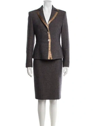 Pre-owned Louis Fèraud Virgin Wool Tweed Pattern Skirt Suit In Blue
