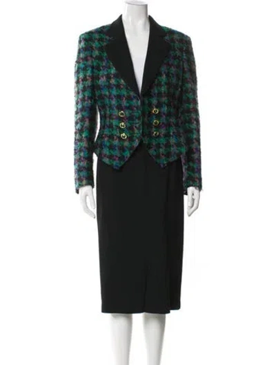 Pre-owned Louis Fèraud Wool Houndstooth Print Skirt Suit In Green