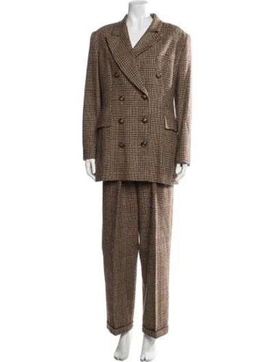 Pre-owned Louis Fèraud Wool Plaid Print Pantsuit In Neutral