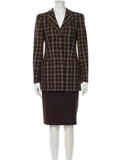 Pre-owned Louis Fèraud Wool Plaid Print Skirt Suit In Brown