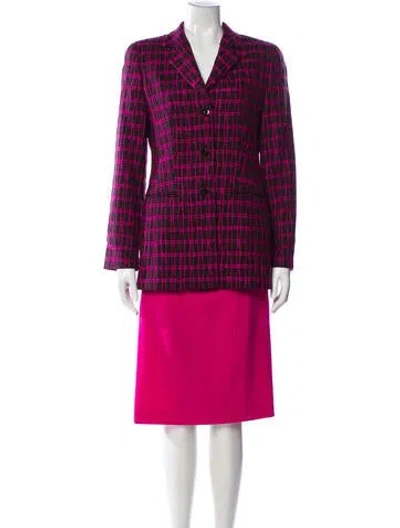 Pre-owned Louis Fèraud Wool Plaid Print Skirt Suit In Pink