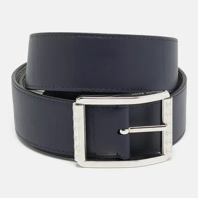 Pre-owned Louis Vuitton 100 Cm Reversible Buckle Belt Blanc/marine Monogram Canvas And Leather In White