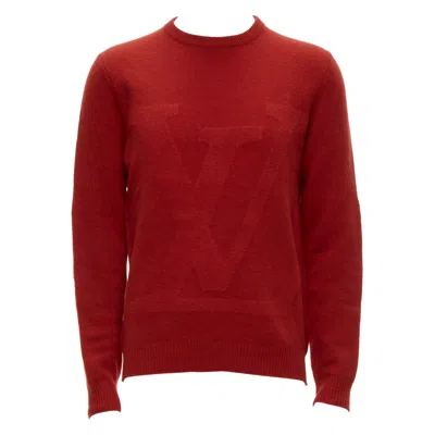 Pre-owned Louis Vuitton 100% Wool Red Lv Oversized Logo Long Sleeve Crew Sweater M