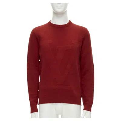 Pre-owned Louis Vuitton 100% Wool Red Lv Oversized Logo Long Sleeve Crew Sweater M