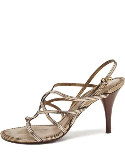 Pre-owned Louis Vuitton 100mm Metallic Leather Cutout Sandals In Gold