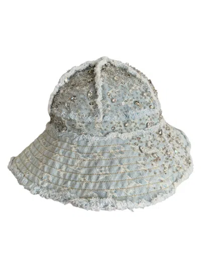 Pre-owned Louis Vuitton 1/1 Virgil Crystal Rain Distressed Denim Monogram Bucket Hat In Blue