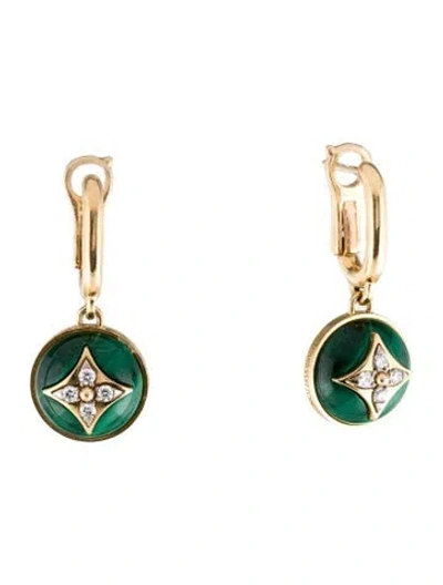 Pre-owned Louis Vuitton 18k Malachite & Diamond Blossom Drop Earrings In Multi