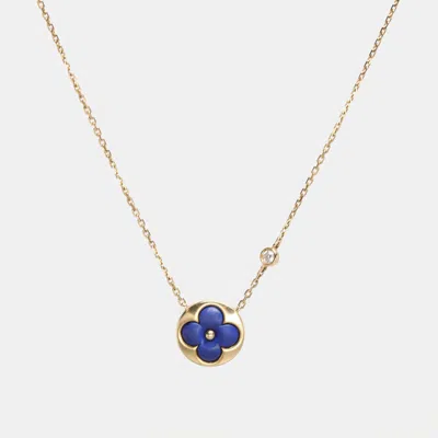 Pre-owned Louis Vuitton 18k Yellow Gold Diamond Lapis Lazuli Color Blossom Bb Sun Pendant Necklace