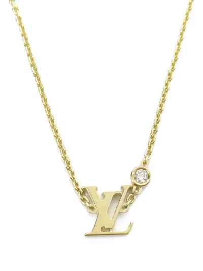 Pre-owned Louis Vuitton 1987 18k Yellow Gold Lv Logo Plaque Diamond Necklace