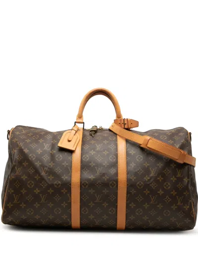 Pre-owned Louis Vuitton 1990 Monogram Keepall Bandouliere 55 Travel Bag In Brown