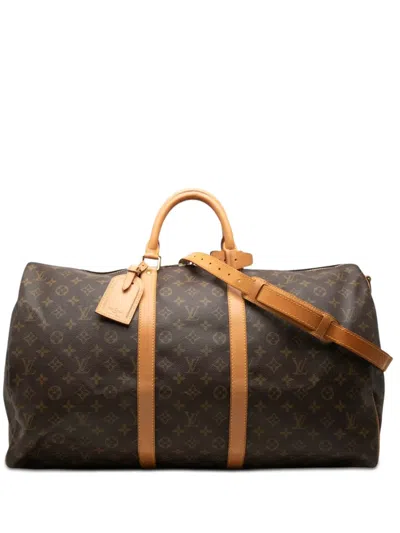 Pre-owned Louis Vuitton 1991 Monogram Keepall Bandouliere 55 Travel Bag In Brown