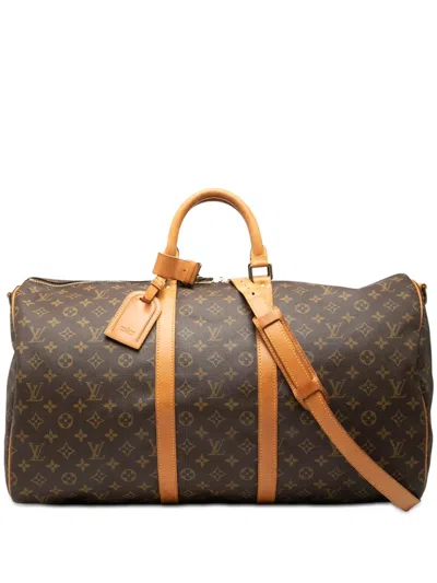 Pre-owned Louis Vuitton 1993 Monogram Keepall Bandouliere 55 Travel Bag In Brown