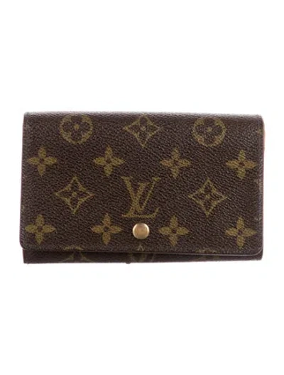 Pre-owned Louis Vuitton 1995 Monogram Pattern Porte-monnaie Tresor Wallet In Brown
