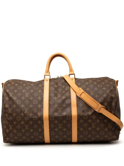 Pre-owned Louis Vuitton 1996 Monogram Keepall Bandouliere 55 Travel Bag In Brown