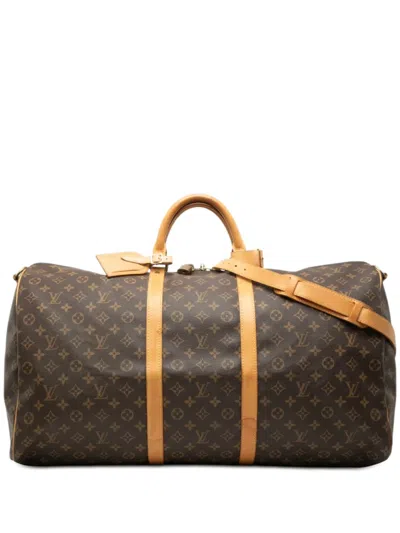 Pre-owned Louis Vuitton 1996 Monogram Keepall Bandouliere 60 Travel Bag In Brown