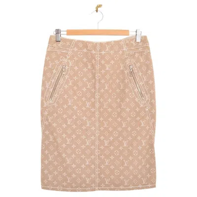 Pre-owned Louis Vuitton 2000's  Vintage Beige Jacquard Denim Pencil Skirt Size Uk 8-10 In Brown