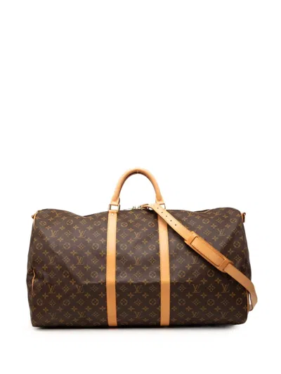 Pre-owned Louis Vuitton 2001 Monogram Keepall Bandouliere 60 Travel Bag In Brown