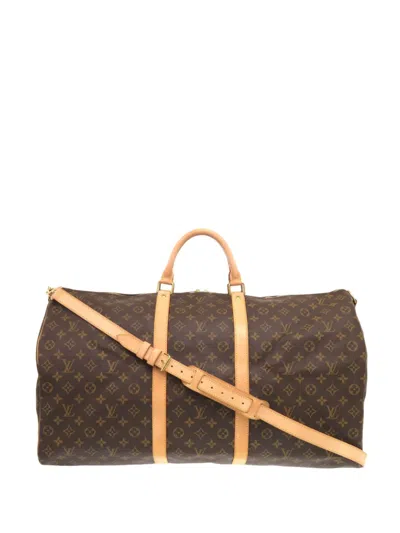 Pre-owned Louis Vuitton 2002 Monogram Keepall Bandouliere 60 Travel Bag In Brown