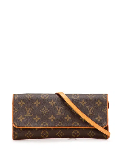 Pre-owned Louis Vuitton 2002 Monogram Pochette Twin Gm Crossbody Bag In Brown