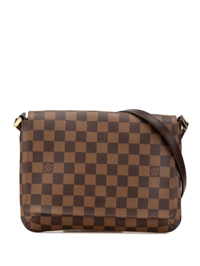 Pre-owned Louis Vuitton 2003 Damier Ebene Musette Tango Long Strap Crossbody Bag In Brown