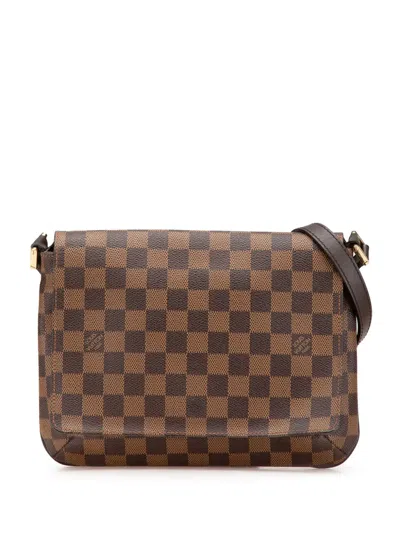 Pre-owned Louis Vuitton 2003 Damier Ebene Musette Tango Short Strap Shoulder Bag In Brown